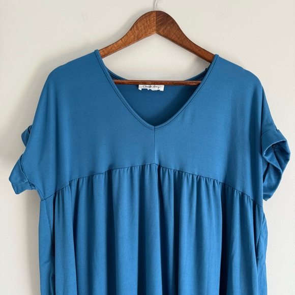 Blue V-Neck Women's Babydoll Dress - Picture 3 of 7